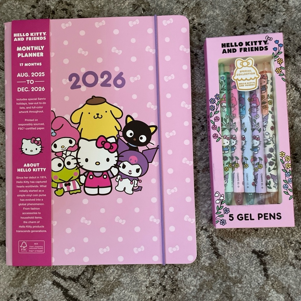 Hello Kitty & Friends 2026 17 Month Planner 7.5” x 9.75” & 5 Gel Pen Set